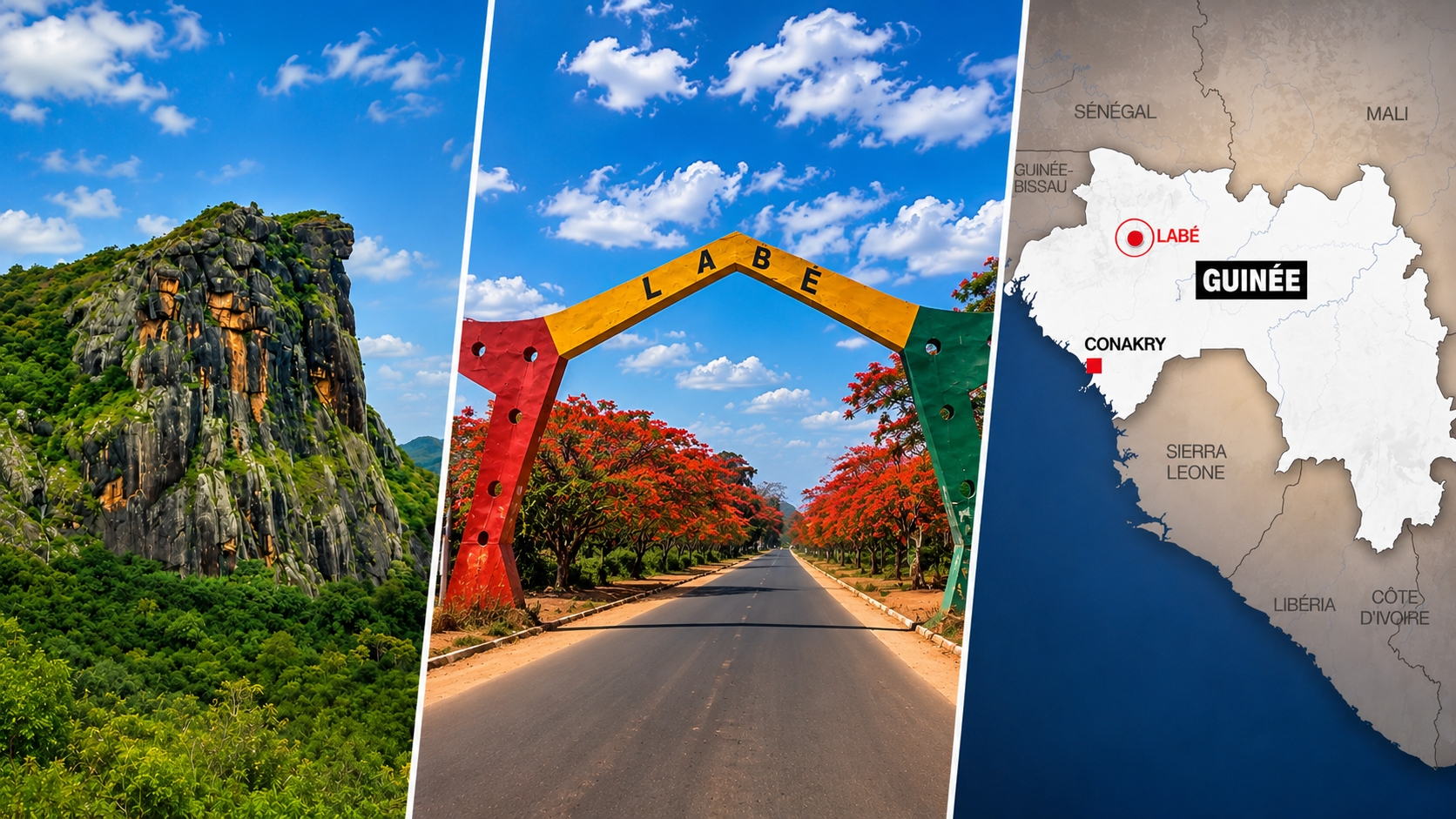 Labé, Guinée — paysage, arche d'entrée et localisation